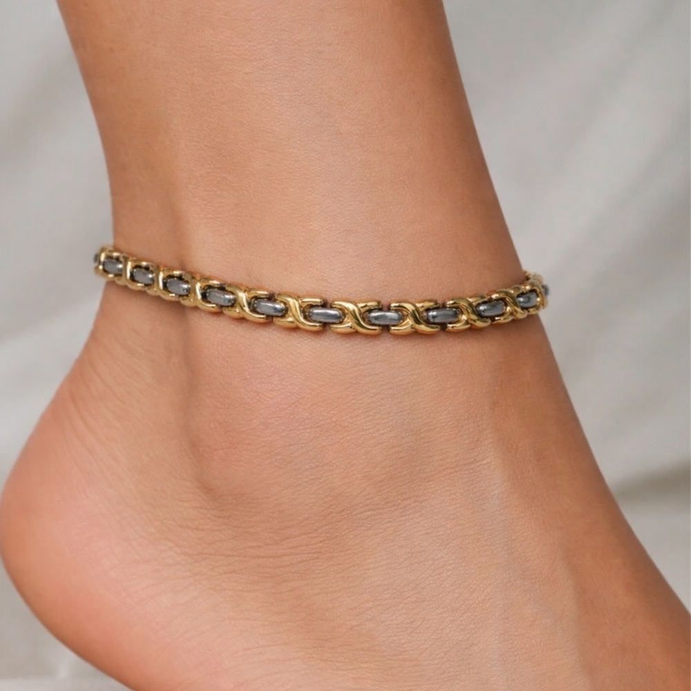 Gold and Silver Tone Magnetic Therapy Anklet "X" Design